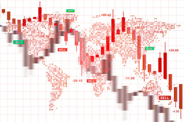 Poster - Red candlestick chart over dotted world map on white background, representing global financial market collapse and investment crisis. 3D Rendering