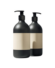 Poster - Two black pump dispenser bottles with beige blank labels standing isolated on white background, clean mockup concept for branding presentation. 3D Rendering.