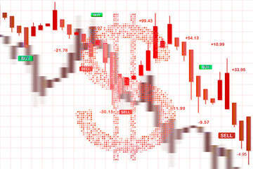 Poster - Red candlestick chart and pixelated dollar sign icon on white background, representing a financial crisis and market decline. 3D Rendering