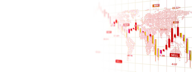 Poster - Red candlestick chart showing stock market collapse and financial crisis over dotted world map layout on white background. 3D Rendering