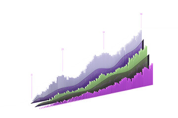 Poster - Multicolored 3D bar chart with trend lines isolated on white background, representing financial analysis, business growth, and economic data. 3D Rendering.