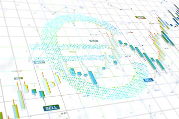 Poster - Euro symbol made of dots integrated into abstract forex market chart with candlesticks on white background, concept of financial data analysis. 3D Rendering