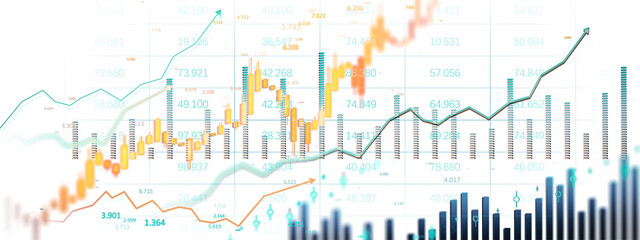 Poster - Colorful financial chart with candlestick bars, line graphs, and data points on a white backdrop. Concept of forex, index, and stock market analysis. 3D Rendering