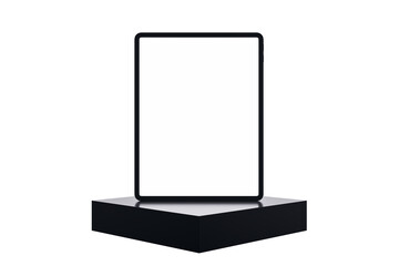 Fototapete - Digital tablet with blank screen mockup standing upright on black pedestal, isolated on white background, minimal clean branding concept. 3D Rendering