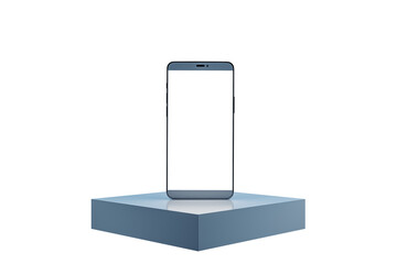 Fototapete - Sleek smartphone with blank display standing on a blue pedestal, isolated on white background. Clean layout concept for branding. 3D Rendering