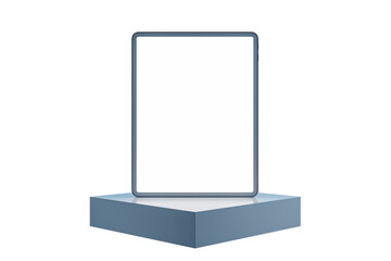 Fototapete - Blank screen digital tablet mockup element placed on geometric blue podium, isolated on white background, concept of branding and display. 3D Rendering