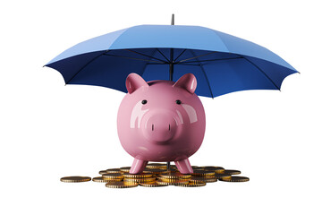 Poster - Piggy bank with umbrella and coins isolated on white background, clean cutout style, symbolizing business savings and insurance protection. 3D Rendering