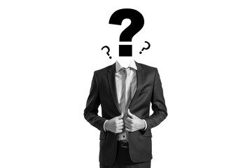 Poster - Businessperson in formal suit with question mark symbol instead of head, black and white style, isolated on white background, concept of curiosity
