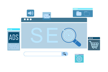 Fototapete - SEO interface elements with magnifying glass, ads, shopping cart, email, and folders in clean 3D Rendering style on isolated white background