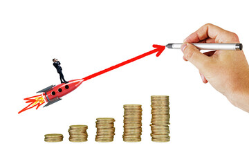 Poster - Businessman on rocket over coins with red arrow and hand drawing, isolated on white background, concept of startup growth and business success