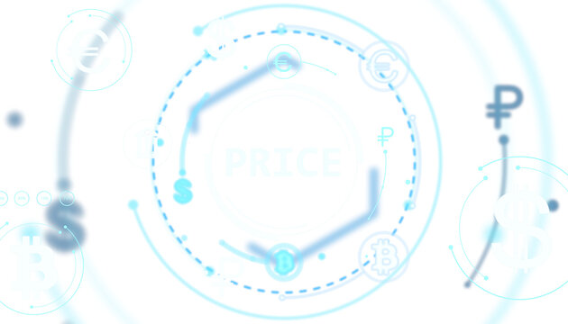 Digital cryptocurrency and currency signs in futuristic circular layout with glowing light blue elements on white background. Concept of finance. 3D Rendering