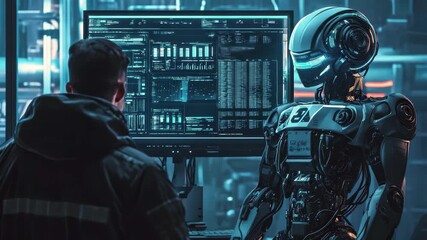 Poster - Innovative robot interacts with human in advanced tech laboratory showcasing data analysis and programming insights