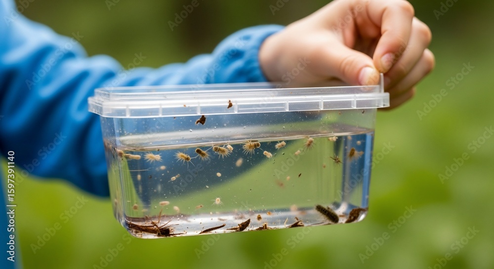 Hand Sampling Invertebrates Child examining pond water sample with aquatic invertebrates in ...