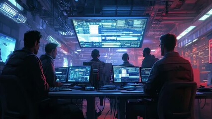 Poster - Group of individuals monitors large screens in a high-tech control room at night