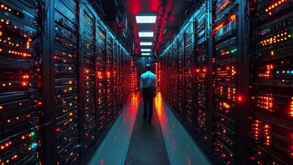 Poster - Technician monitors servers in a dimly lit data center during evening shift