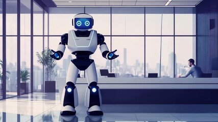 Poster - Robot assistant greets visitors in a modern office environment during the daytime in a bustling urban setting