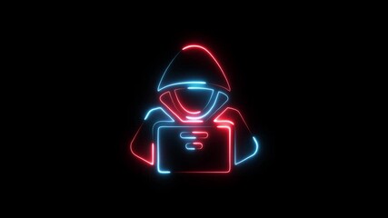 Neon hacker icon with laptop glowing blue and red on black background abstract digital security concept cybercrime