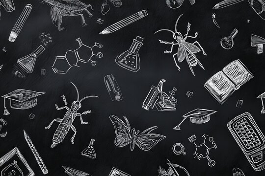 A blackboard with a decorative pattern of school supplies