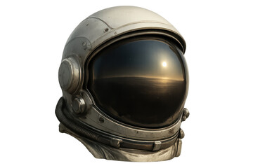 Wall Mural - astronaut helmet visor reflecting a beautiful sunset over a celestial body, isolated on transparent 