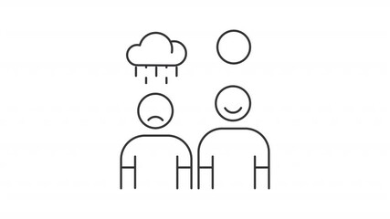 Poster - Seasonal disorder line animation. Different mood animated icon. Raining cloud, shining sun. Changing expressions. Sad person, happy. Outline element on white background. HD video with alpha channel