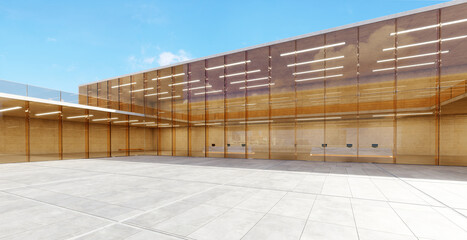 Poster - 3d rendering modern glass and concrete building reflecting blue sky and clouds