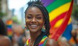 © Isha Men - Inclusive image of a happy Black gay woman celebrating New York Pride parade wearing a rainbow flag on her back. Inclusion and ethnic diversity at Pride celebration in NYC, Generative AI