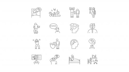 Poster - Neurological diseases line animation set. Mental issues animated icons. Bedtime insomnia. Panic attack, bipolar mentality. Outline elements on white background. HD video with alpha channel