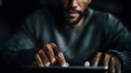Poster - Focused freelancer using finance app on tablet in dimly lit workspace