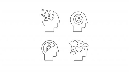 Poster - Mental wellbeing line animation set. Memory diseases animated icons. Amnesia, dementia. Personality illness, psychology. Outline elements on white background. HD video with alpha channel