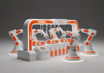 Poster - Minimalist assembly line with robots . Generative AI