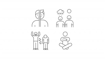 Poster - Bipolar mentality line animation set. Seasonal affective disorder animated icons. Neurology, psychology. Mood change. Outline elements on white background. HD video with alpha channel
