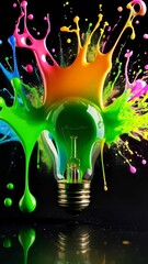 Poster - Light bulb covered in vibrant paint splashes against a dark background, showcasing creative concepts and artistic expressions with colorful drips and reflections.