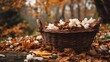 © 10 - Wicker basket filled with white flowers and autumn leaves
