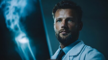 Poster - Doctor examining X ray of broken bone with focused attention