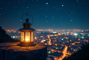 Wall Mural - Lantern Illuminates Night Cityscape Under Starlit Sky