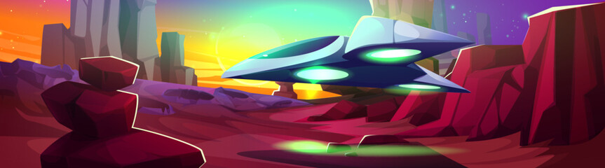 Poster - Alien planet landscape - futuristic spaceship with glowing green engines hover over red rocky terrain, rainbow sky gradient, terrain cliffs. Extraterrestrial environment for space exploration concept