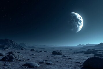 Wall Mural - Lunar Landscape with Distant Planet and Stars in Dark Sky