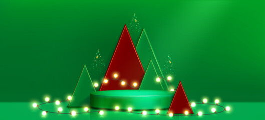 Poster - Green xmas podium stage with festive bulb lights - circular platform with red geometric trees, glowing string lights and sparkling holiday decorations for Christmas product display or presentation.