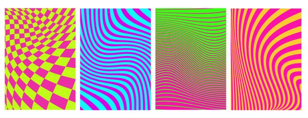 Poster - Psychedelic optical illusion backgrounds - vibrant wave patterns with neon colors, distorted checkerboard, flowing stripes. Trippy visual effects for retro posters, hypnotic and groovy artwork design