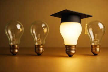 Poster - Illuminated light bulb with graduation cap among off bulbs on brown background symbolizing education and innovation concept in business setting.