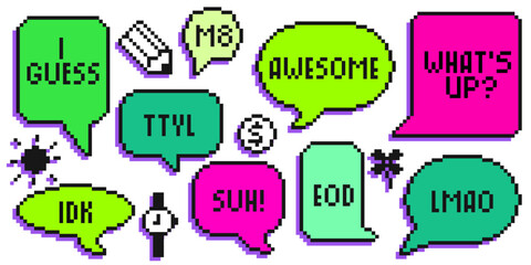 Poster - Pixel art speech bubbles set in bright colors - retro 8 bit chat balloons with text messages. Gaming style dialogue boxes for digital communication, messenger stickers, social media design elements.