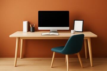 Poster - Minimalist home office workspace with monitor, book, and stationery on wooden desk against warm orange wall background. Ai generative.