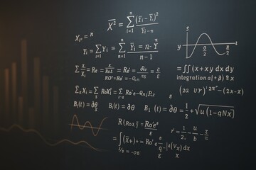 Poster - Abstract math formula equations with light lines and business-style background in dark modern concept for analytical science theme.