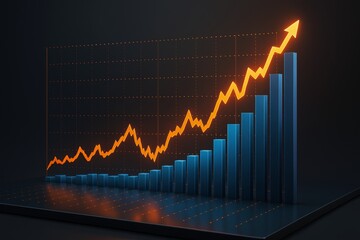 Poster - Rising business chart with glowing orange arrow and blue bars showing financial growth on dark background with light grid. Ai generative.