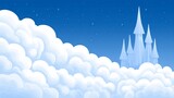 A fantastical ice castle emerges from soft white clouds against a starry blue sky