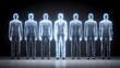 © BOJOShop - Seven abstract human figures composed of glowing white particles standing in a row against a dark background