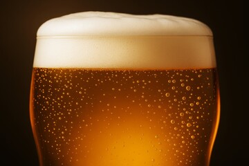 Poster - Close-up of foamy amber beer in glass with bubbles against dark background for branding and advertising design mockup template concept.