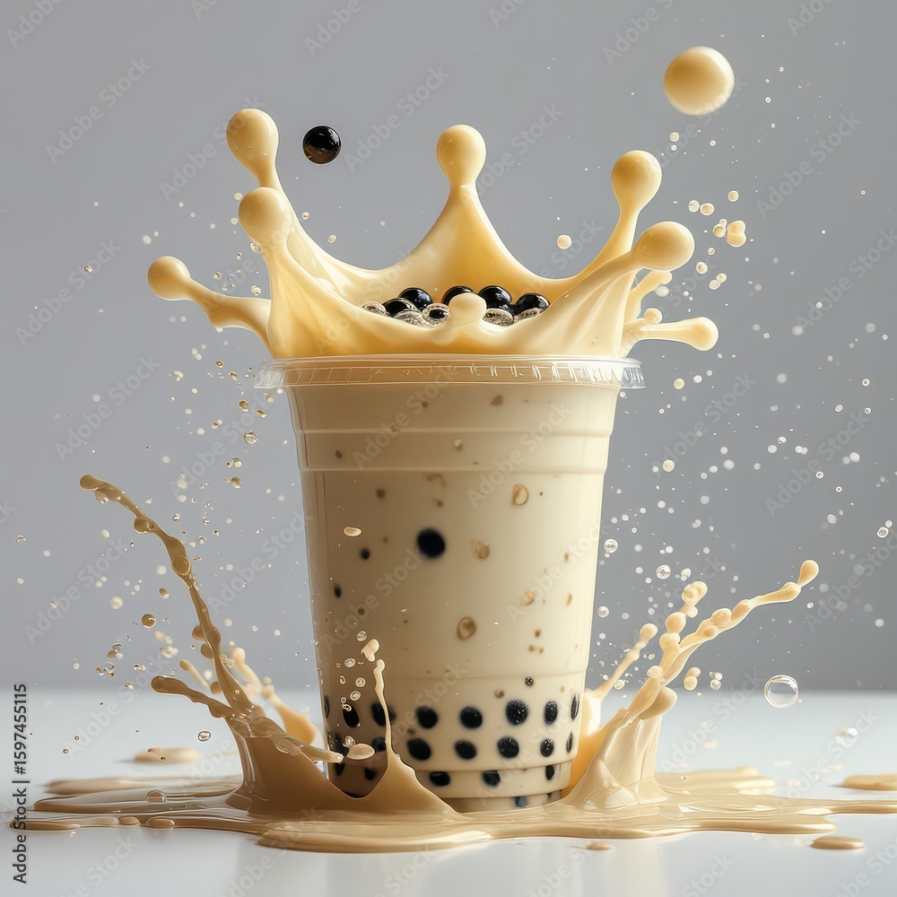 Boba tea splash with milk crown black tapioca pearls and clear plastic ...