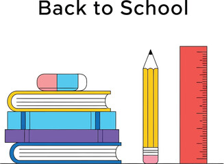 Fototapete - Vector art of a stack of colorful books with an eraser top, a yellow pencil, and a red ruler are arranged against a clean, symbolizing back to school
