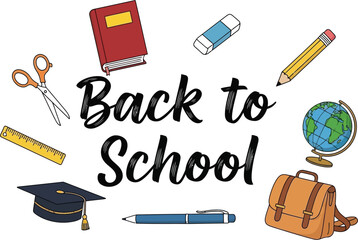 Fototapete - Vector art of a whimsical cartoon composition displays scissors, a book, an eraser, a pencil, a globe, and a bag, surrounding the text back to school, creating an engaging educational scene